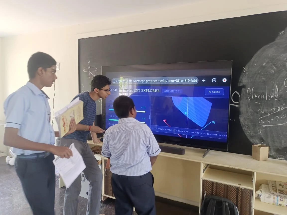 Students gathered around the Gradient Descent Explorer on the classroom screen.